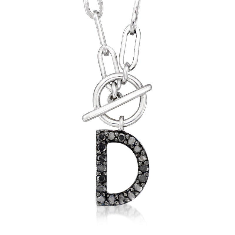 Sterling silver initial toggle necklace with D pendant in black pave stones