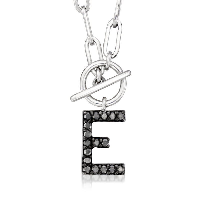 Sterling silver initial toggle necklace with E pendant in black pave stones