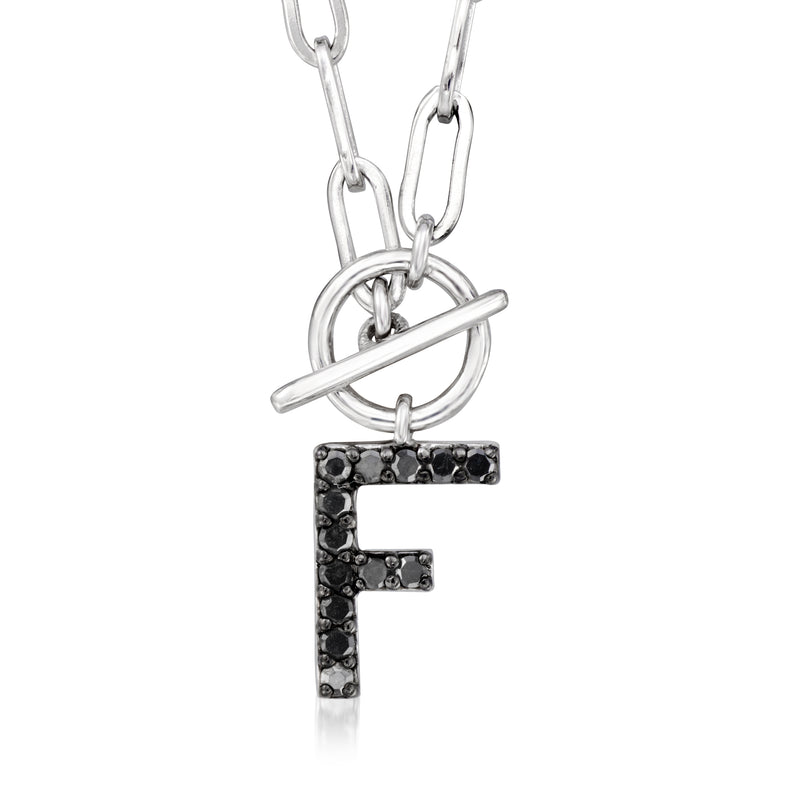 Sterling silver initial toggle necklace with F pendant in black pave stones