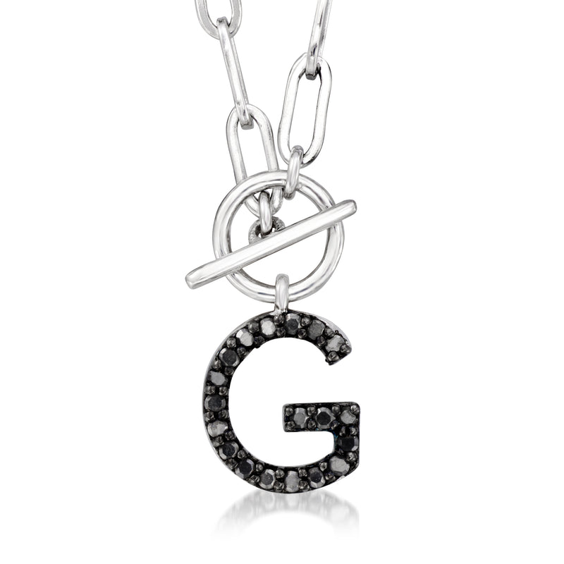 Sterling silver initial necklace with black stone letter G on paperclip link chain