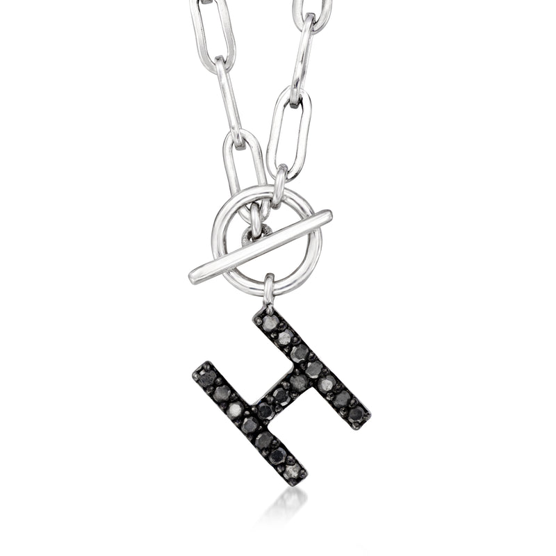 Sterling silver initial necklace with black stone letter H on paperclip link chain