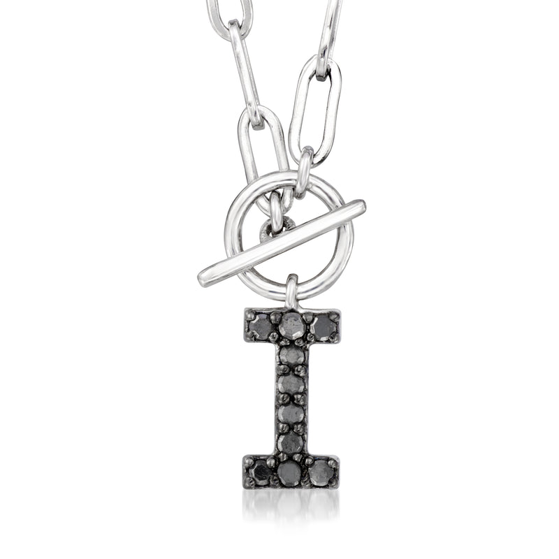 Sterling silver initial necklace with black stone letter I on paperclip link chain