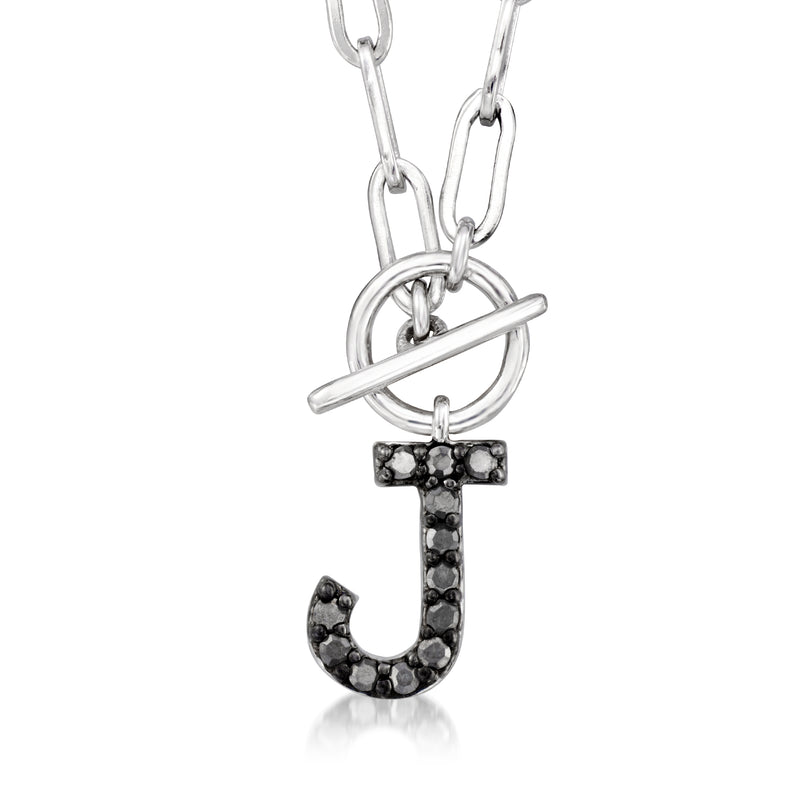 Sterling silver initial necklace with black stone letter J on paperclip link chain