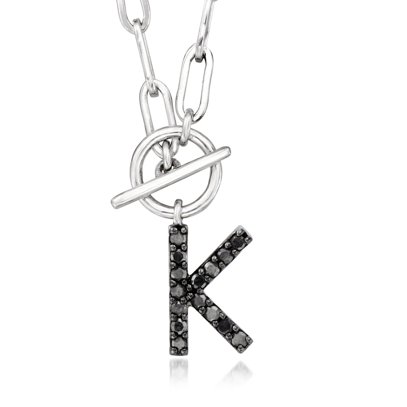 Sterling silver initial necklace with black stone letter K on paperclip link chain