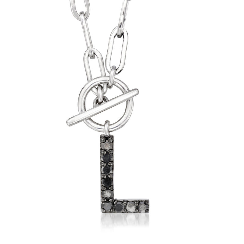 Sterling silver initial necklace with black stone letter L on paperclip link chain