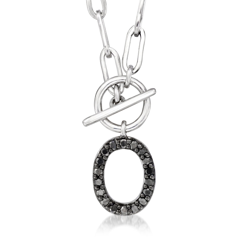 Sterling silver initial necklace with black stone letter O on paperclip link chain