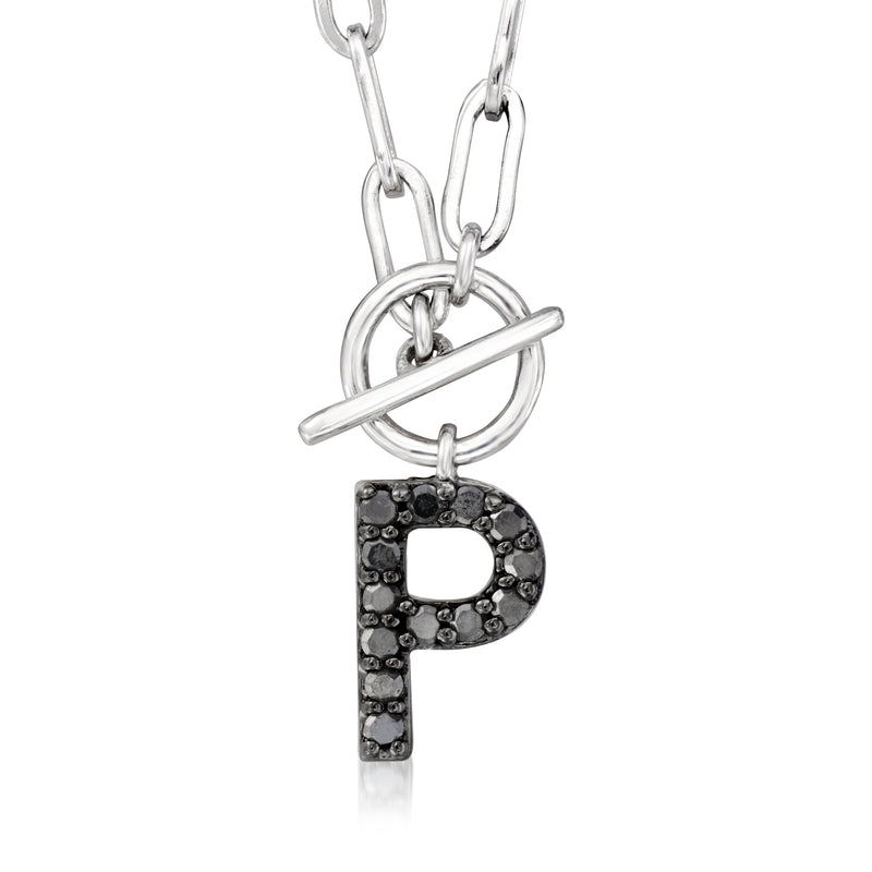 Sterling silver initial necklace with black stone letter P on paperclip link chain