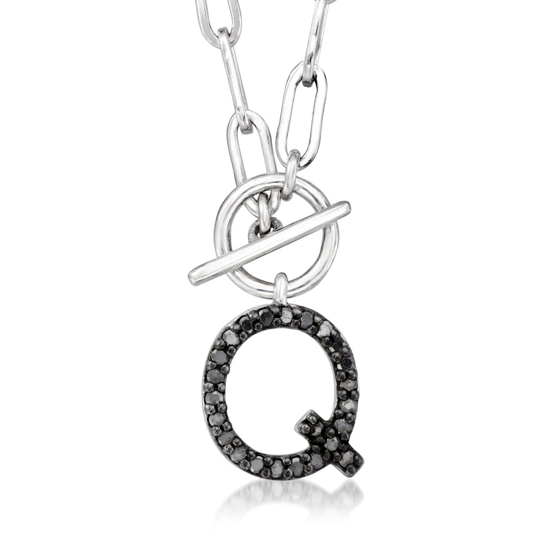 Sterling silver initial necklace with black stone letter Q on paperclip link chain