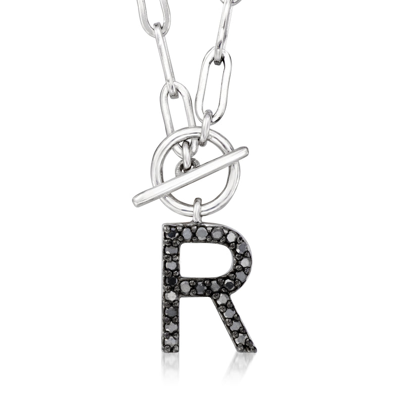 Sterling silver initial necklace with black stone letter R on paperclip link chain
