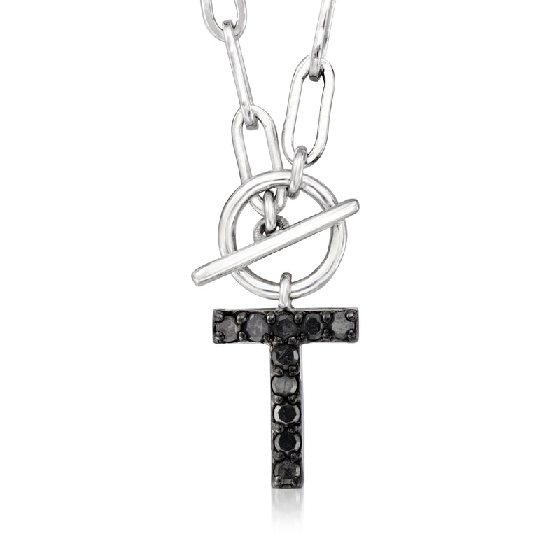 Sterling silver paper clip link toggle necklace with black diamond T pendant