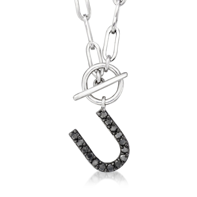 Sterling silver paper clip link toggle necklace with black diamond U pendant