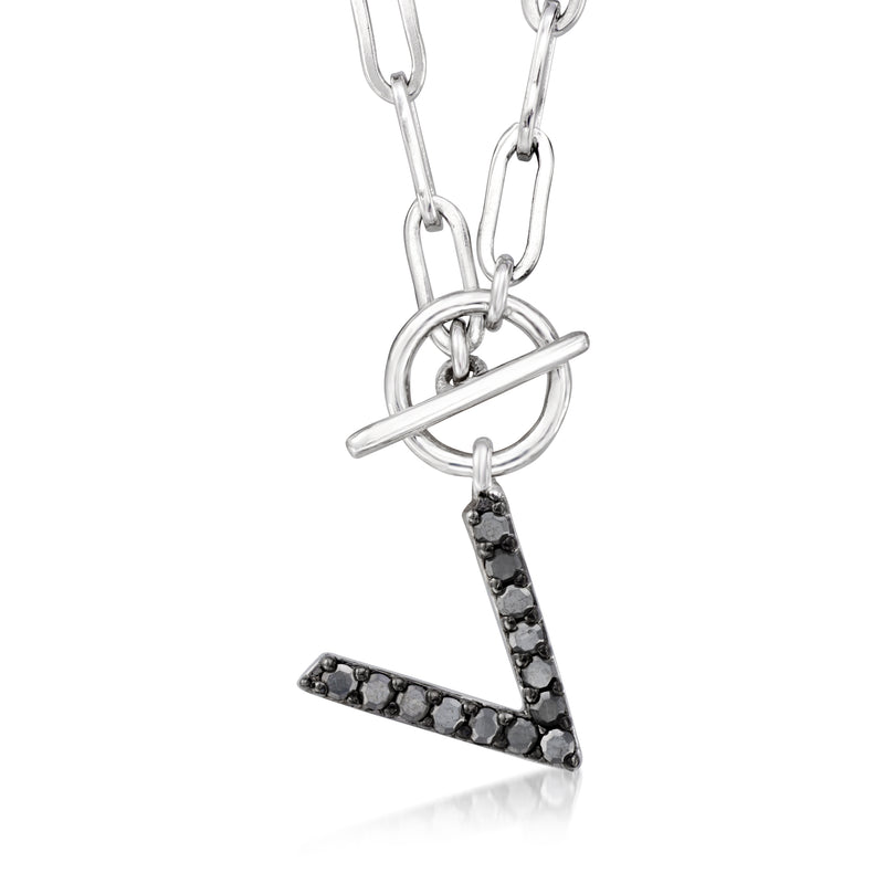 Sterling silver paper clip link toggle necklace with black diamond V pendant