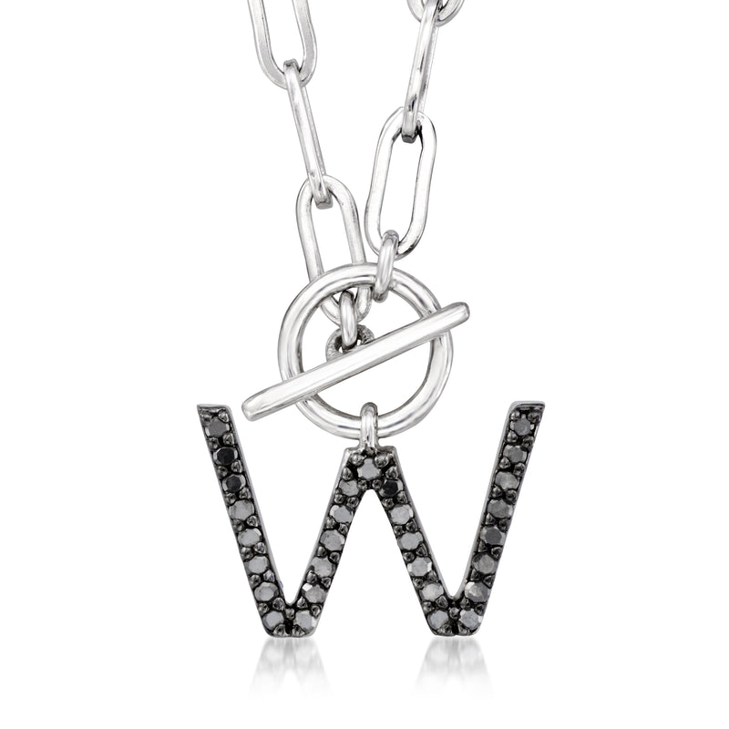 Sterling silver paper clip link toggle necklace with black diamond W initial pendant