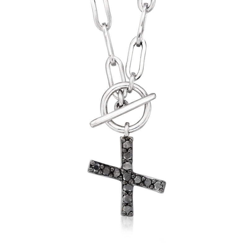 Sterling silver paper clip chain toggle necklace with black diamond cross pendant