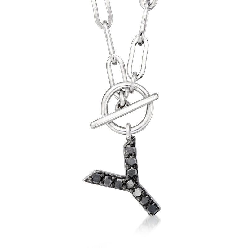 Sterling silver paper clip link toggle necklace with black pavé Y pendant