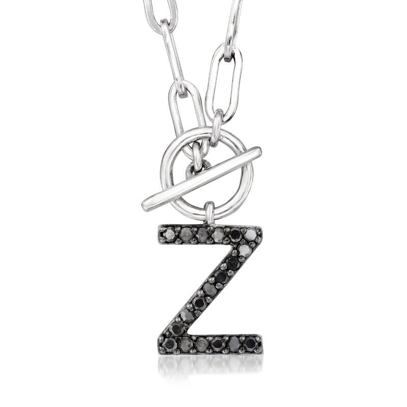 Sterling silver paper clip link toggle necklace with black diamond Z initial pendant