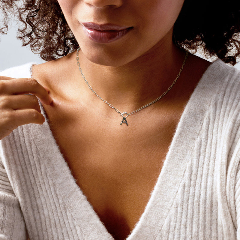 Sterling silver paper clip link necklace with A initial charm