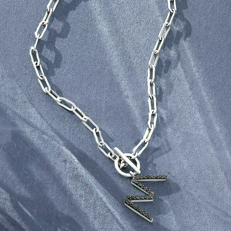 Sterling silver paper clip link necklace with black diamond Z toggle pendant