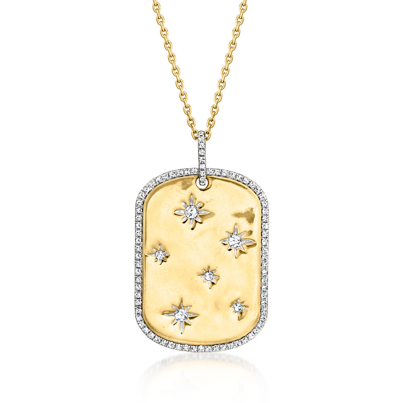Gold over sterling dog tag pendant necklace with five star-shaped diamond accents
