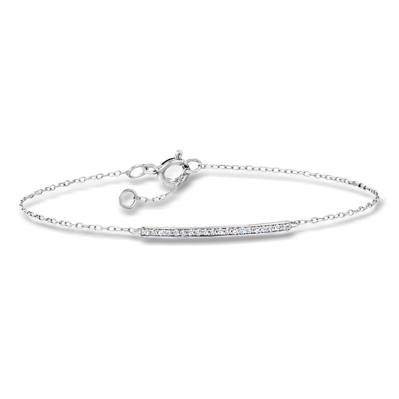 Sterling silver diamond bar bracelet with thin chain and slim rectangular bar charm