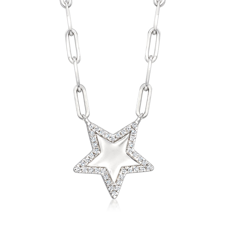 Sterling silver diamond star paper clip link necklace with small sparkling star pendant