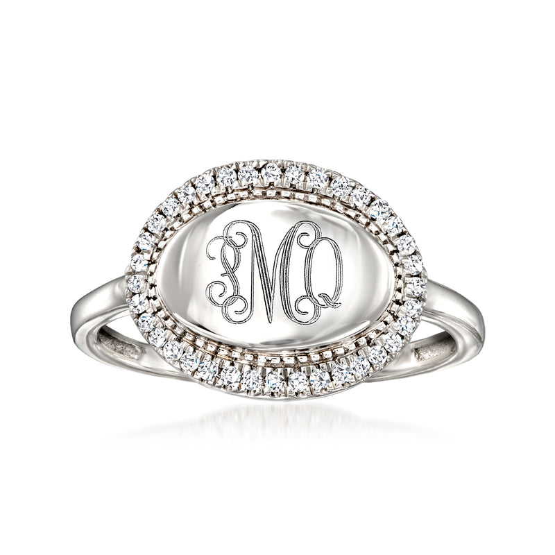 Sterling silver oval diamond halo ring with ML cursive monogram on center bezel
