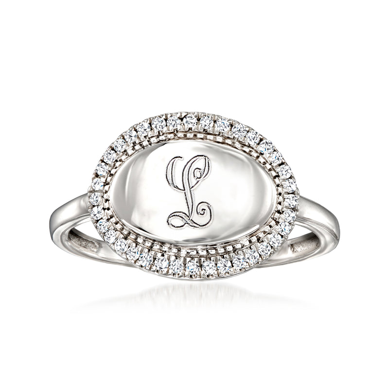 Sterling silver oval diamond halo ring with cursive L monogram on center bezel