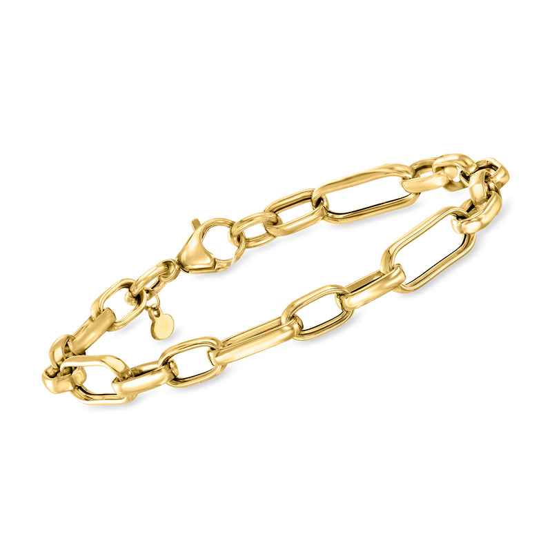 Yellow gold link bracelet with cable and paper clip style connections