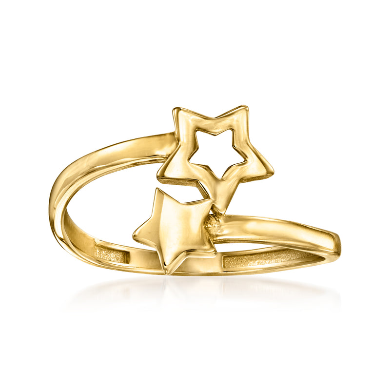 14kt yellow gold bypass ring with two star-shaped settings, polished finish