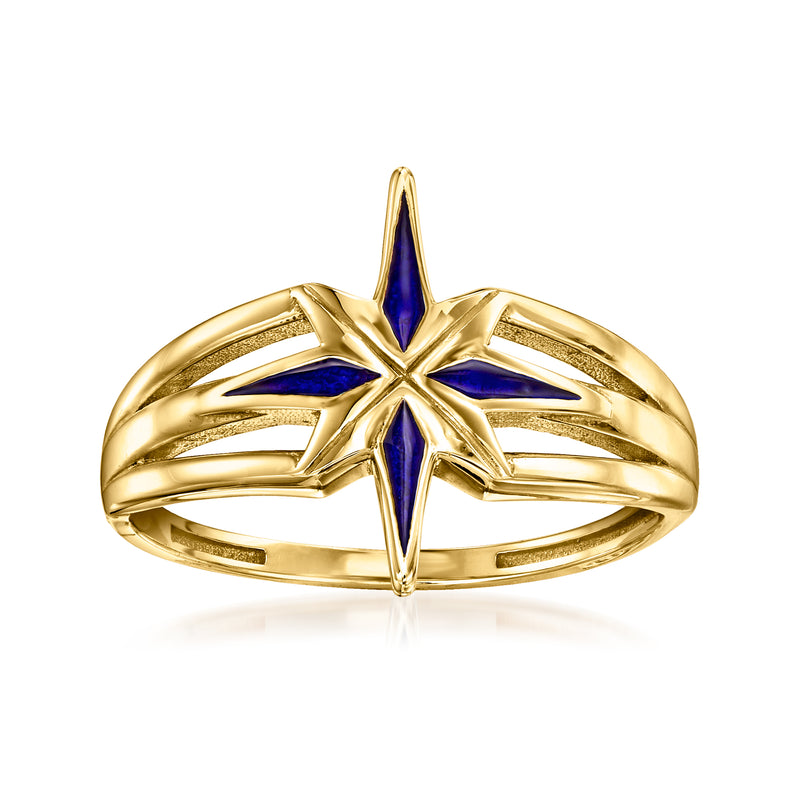 14kt yellow gold star ring with blue enamel, open band with star detail
