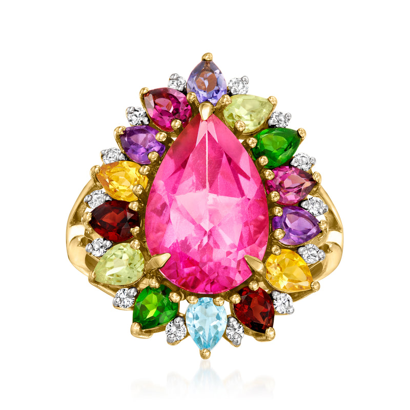 Pink pear-shaped gemstone ring with multicolor gemstones in yellow gold setting