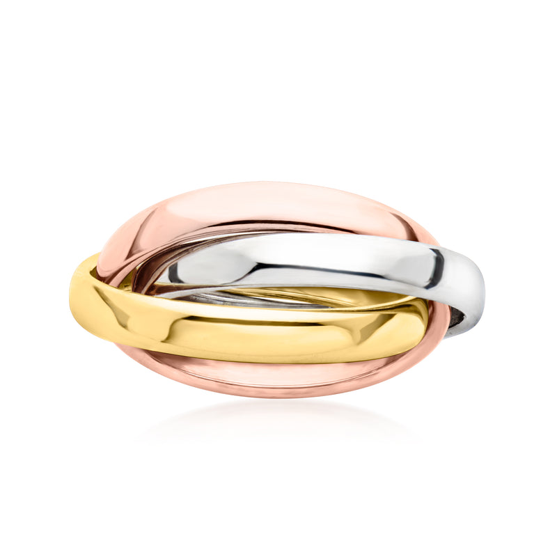 Tri-colored rolling gold ring with rose, yellow, and white metal bands, polished finish