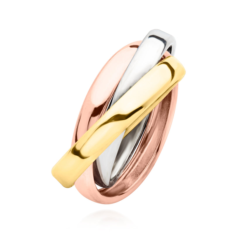 Rolled tri-color gold ring in rose, yellow, and white with shiny curved bands