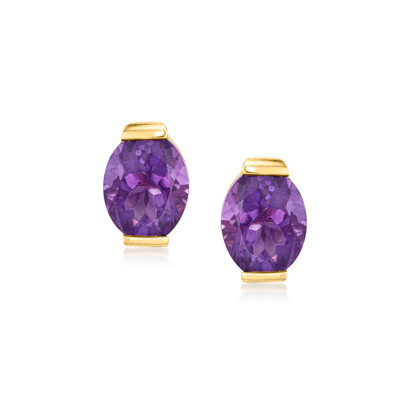 Oval amethyst stud earrings in 18kt yellow gold with faceted purple gemstones