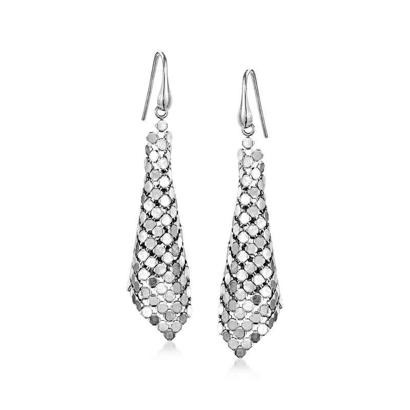 Sterling silver mesh drop earrings with teardrop hoop-like pattern and earwire closures