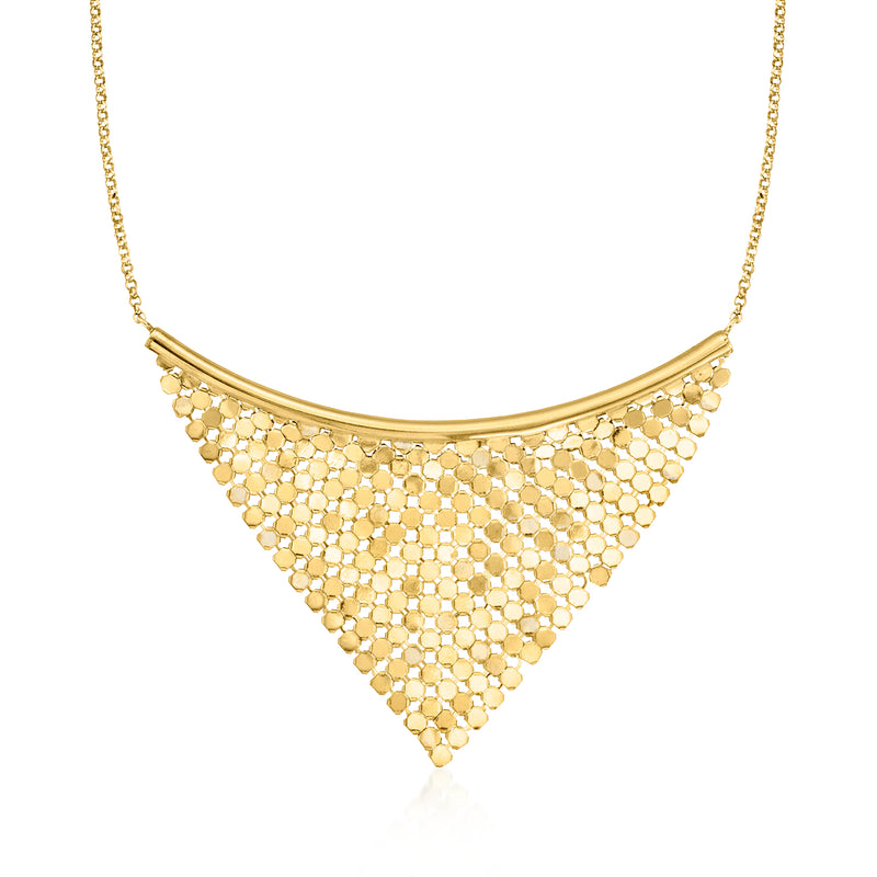 Gold mesh bib necklace with scalloped crescent border and dangling triangular drops