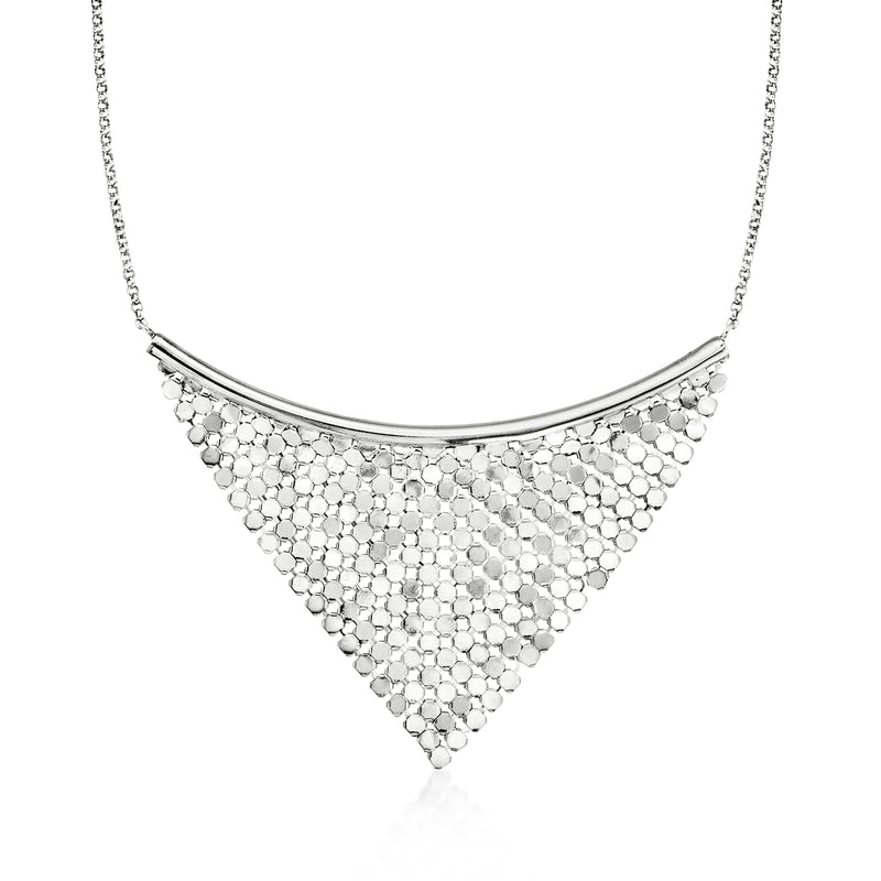Sterling silver mesh bib necklace with triangular cascading circular links