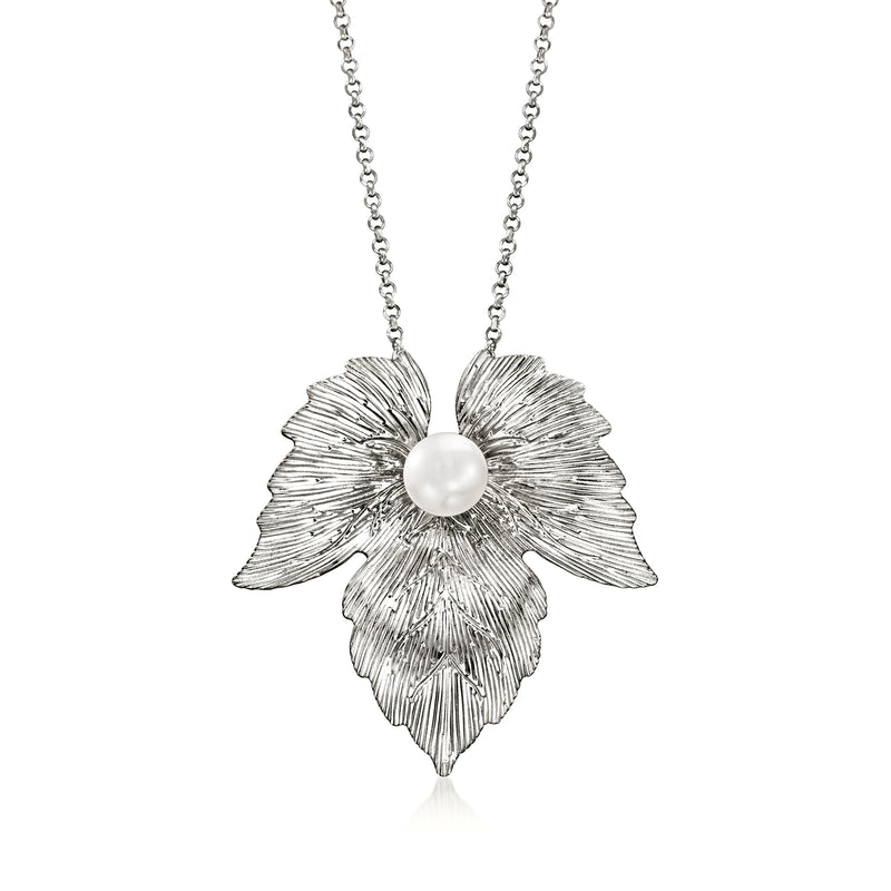 Sterling silver cultured pearl leaf pendant necklace with two textured leaf clusters