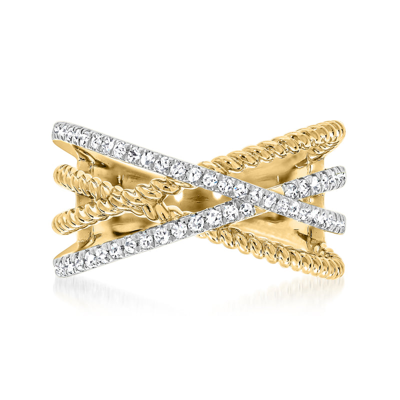 Diamond roped highway ring in 14kt yellow gold with crisscross band and pavé rows
