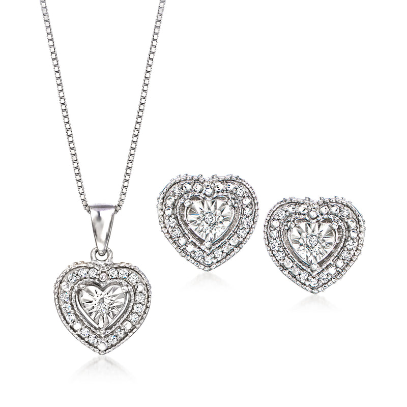 Sterling silver diamond heart pendant necklace and matching heart stud earrings