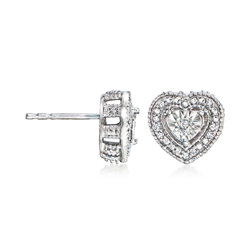 Sterling silver heart-shaped diamond stud earrings with halo
