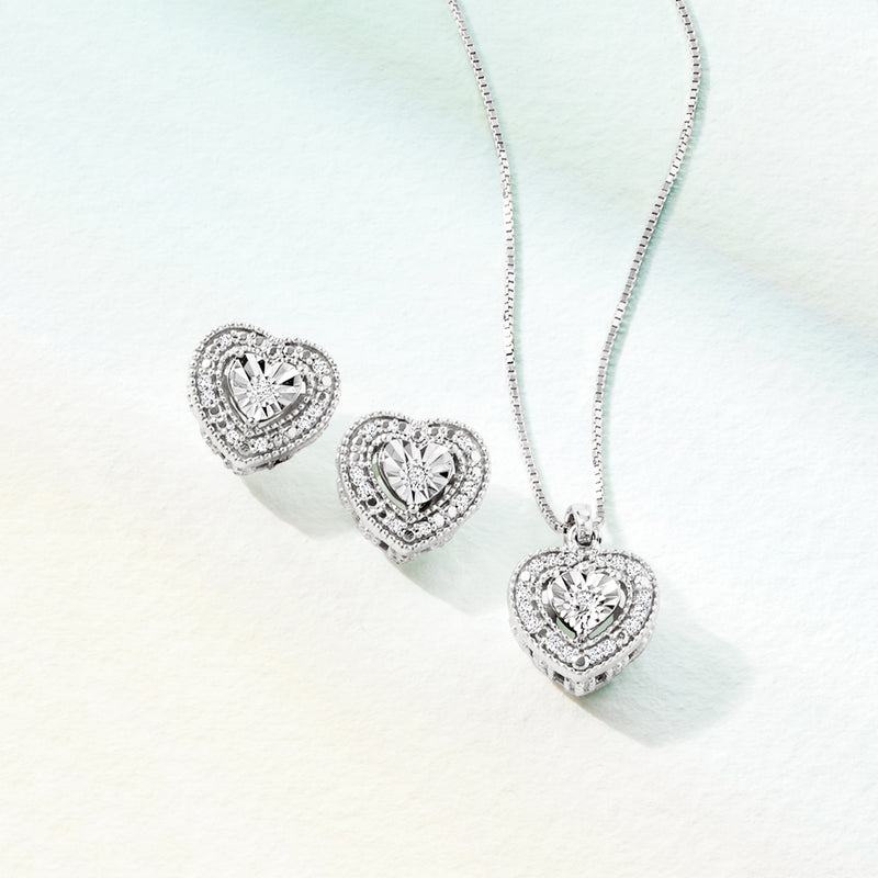 Diamond heart jewelry set in sterling silver with earrings and pendant necklace