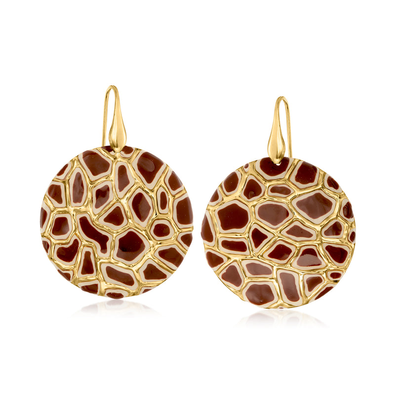 Gold drop earrings with round enamel giraffe-print medallions, earwire hooks.