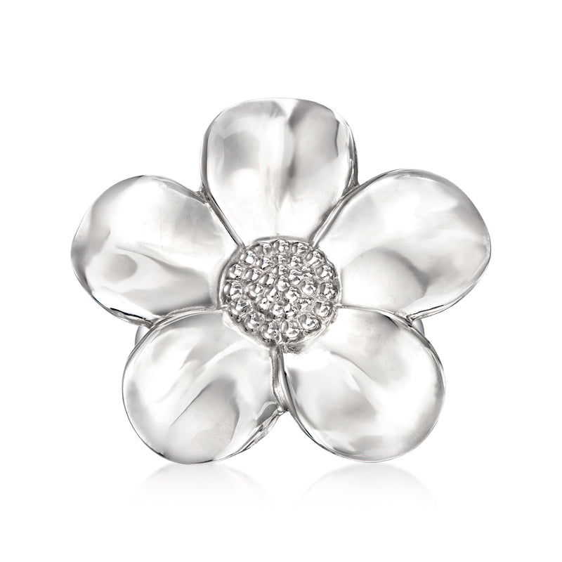Sterling silver flower ring with five petals and sparkling rhinestone-style center