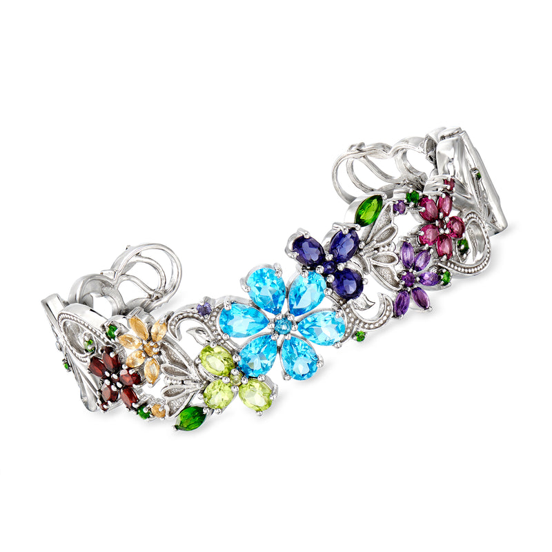 Sterling silver butterfly floral cuff bracelet with blue, purple, green, and pink gemstones