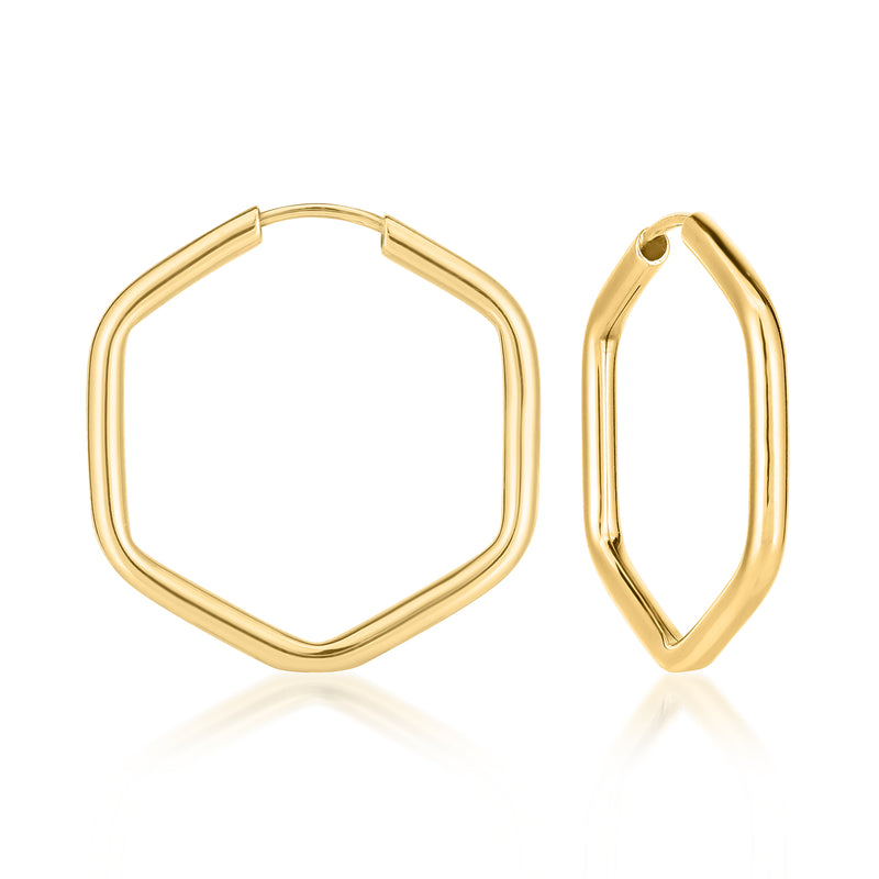 Hexagonal endless hoop earrings in 14kt yellow gold