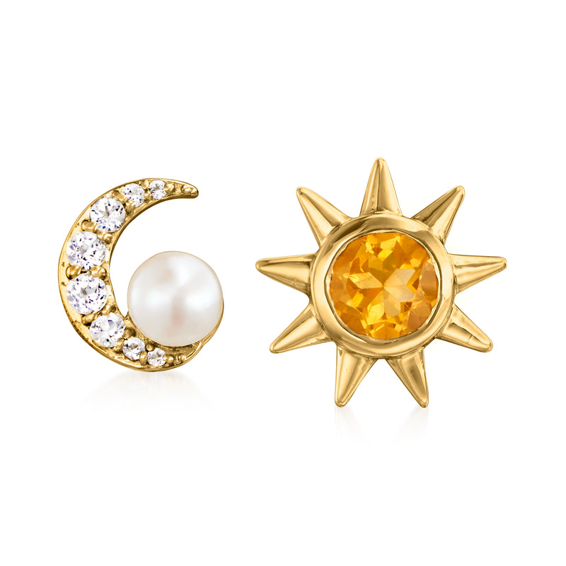 Gold sun-and-moon post earrings with yellow gemstone, moon pearl and clear stones