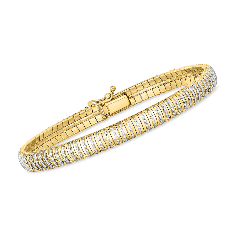 Two-tone gold and silver omega-style bracelet with mesh link design and clasp