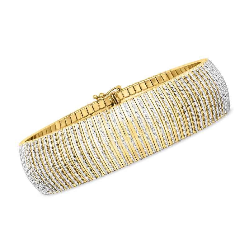 Two-tone gold omega-style bracelet with alternating gold and silver-toned mesh links.