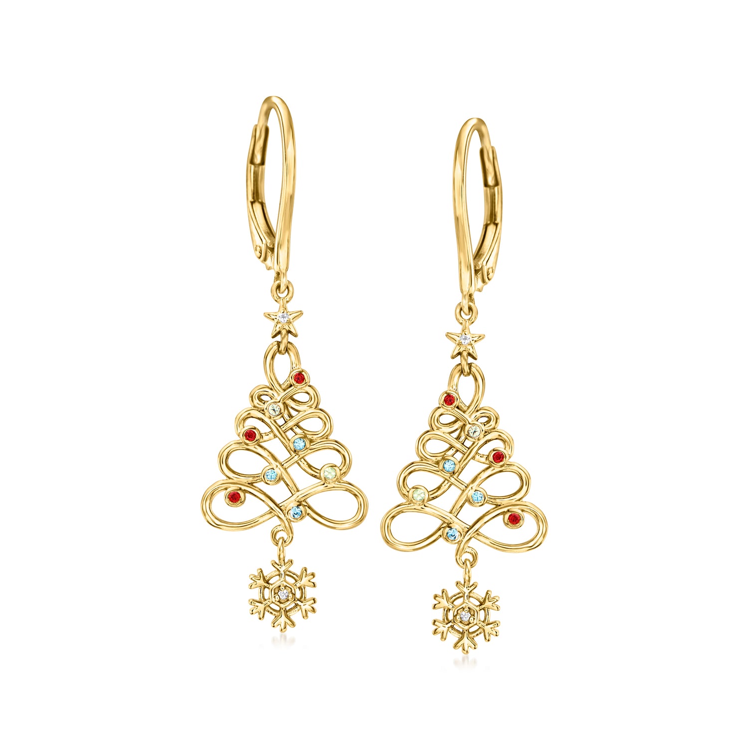 18kt Gold Over Sterling Christmas Tree Snowflake Drop Earrings with Gemstones